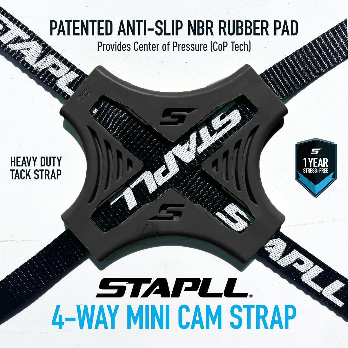 Cam Tack Strap, 4-Way Nylon Cam Buckle Tie Down Straps w/Adjustable Buckles & Anti-Slip Rubber Pad, Heavy Duty Hooks for Luggage, Coolers, Gear, Water Jugs, Tool Boxes – 2 Pack, Black
