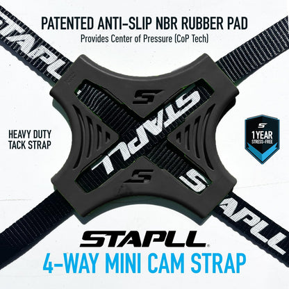 Cam Tack Strap, 4-Way Nylon Cam Buckle Tie Down Straps w/Adjustable Buckles & Anti-Slip Rubber Pad, Heavy Duty Hooks for Luggage, Coolers, Gear, Water Jugs, Tool Boxes – 2 Pack, Black