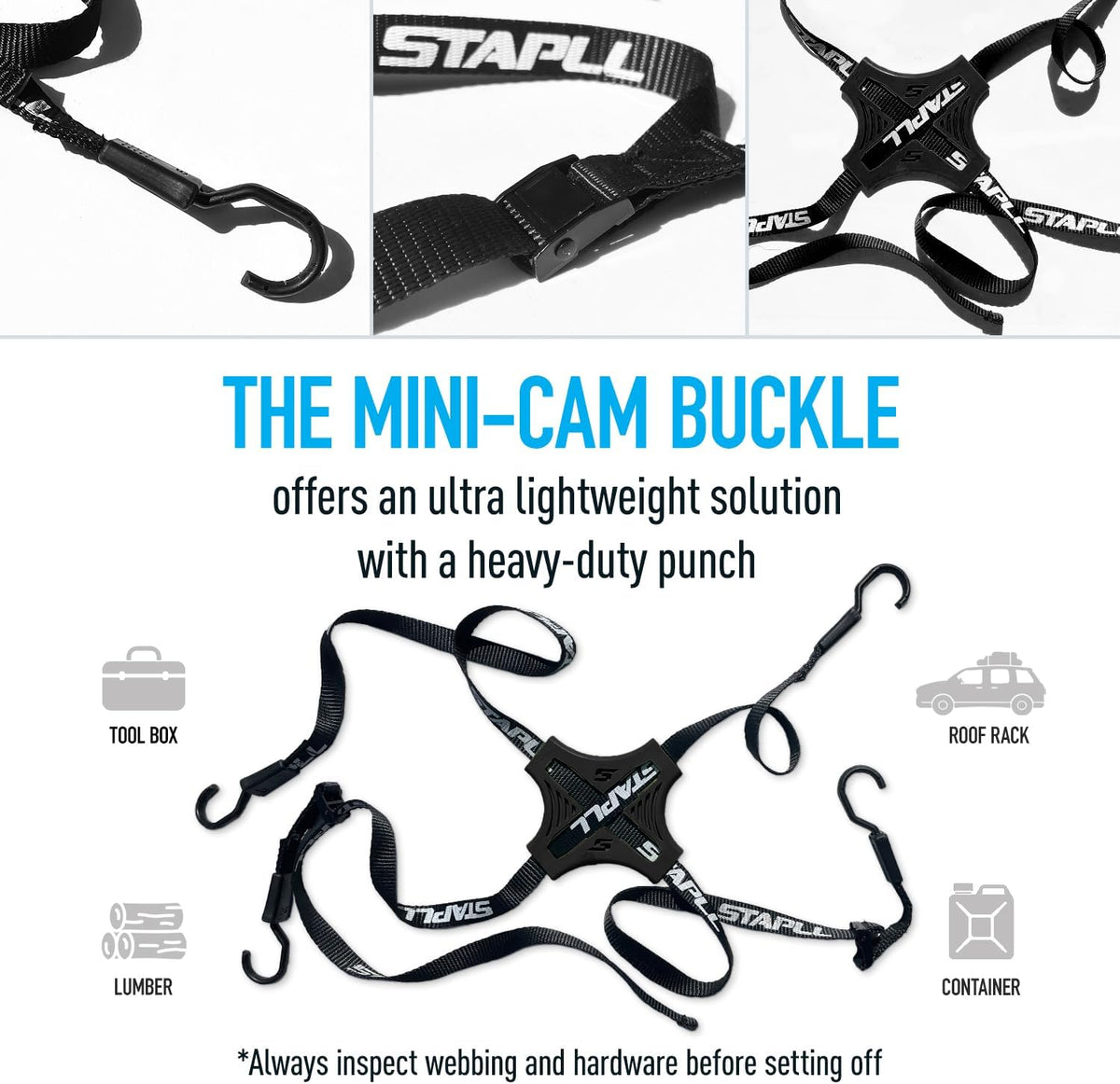 Cam Tack Strap, 4-Way Nylon Cam Buckle Tie Down Straps w/Adjustable Buckles & Anti-Slip Rubber Pad, Heavy Duty Hooks for Luggage, Coolers, Gear, Water Jugs, Tool Boxes – 2 Pack, Black