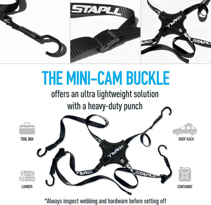 Cam Tack Strap, 4-Way Nylon Cam Buckle Tie Down Straps w/Adjustable Buckles & Anti-Slip Rubber Pad, Heavy Duty Hooks for Luggage, Coolers, Gear, Water Jugs, Tool Boxes – 2 Pack, Black