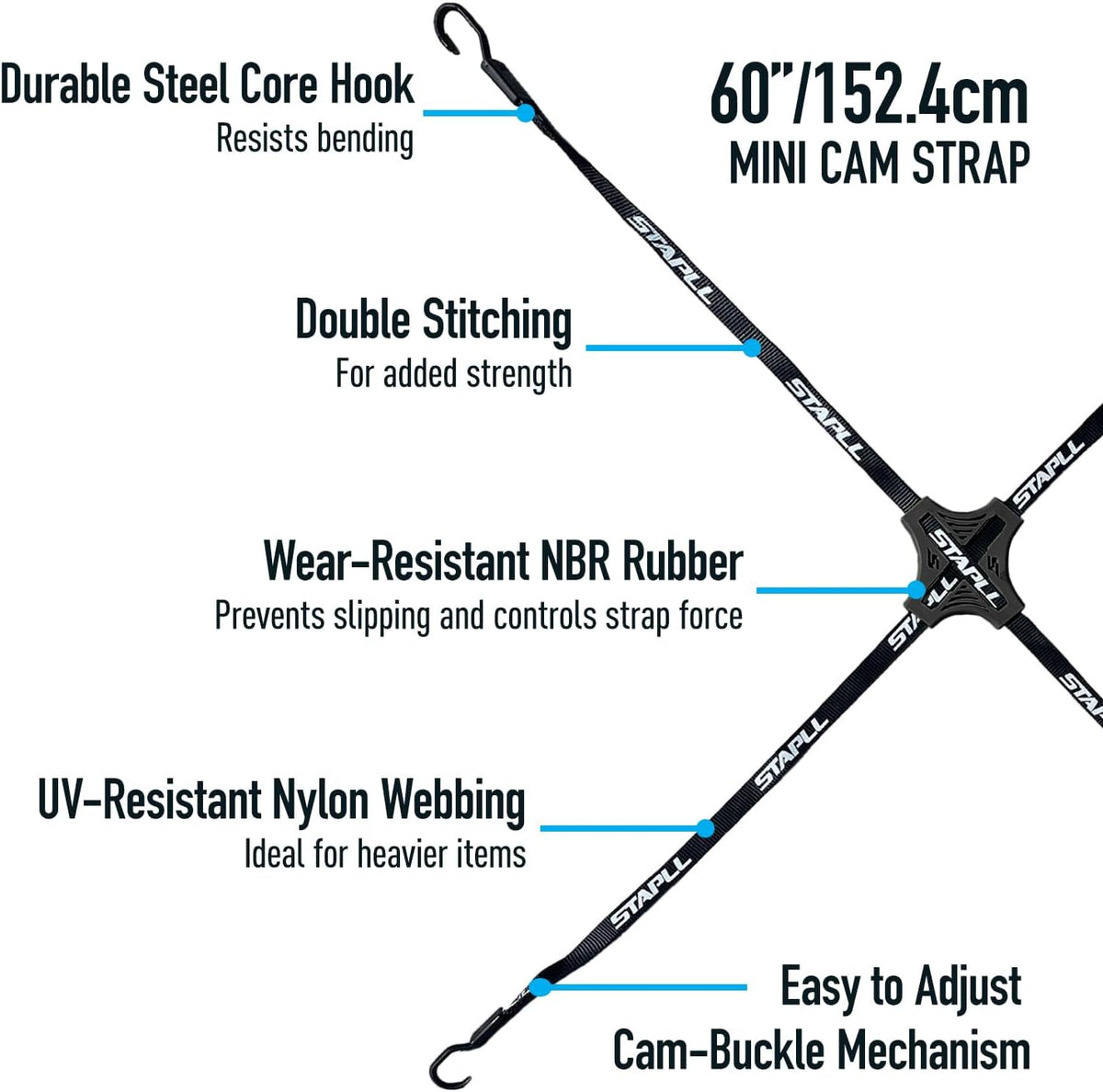 Cam Tack Strap, 4-Way Nylon Cam Buckle Tie Down Straps w/Adjustable Buckles & Anti-Slip Rubber Pad, Heavy Duty Hooks for Luggage, Coolers, Gear, Water Jugs, Tool Boxes – 2 Pack, Black