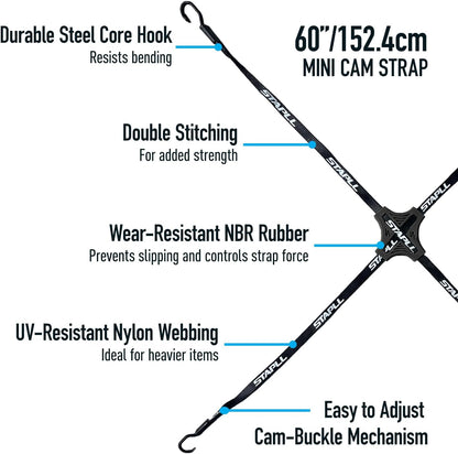 Cam Tack Strap, 4-Way Nylon Cam Buckle Tie Down Straps w/Adjustable Buckles & Anti-Slip Rubber Pad, Heavy Duty Hooks for Luggage, Coolers, Gear, Water Jugs, Tool Boxes – 2 Pack, Black