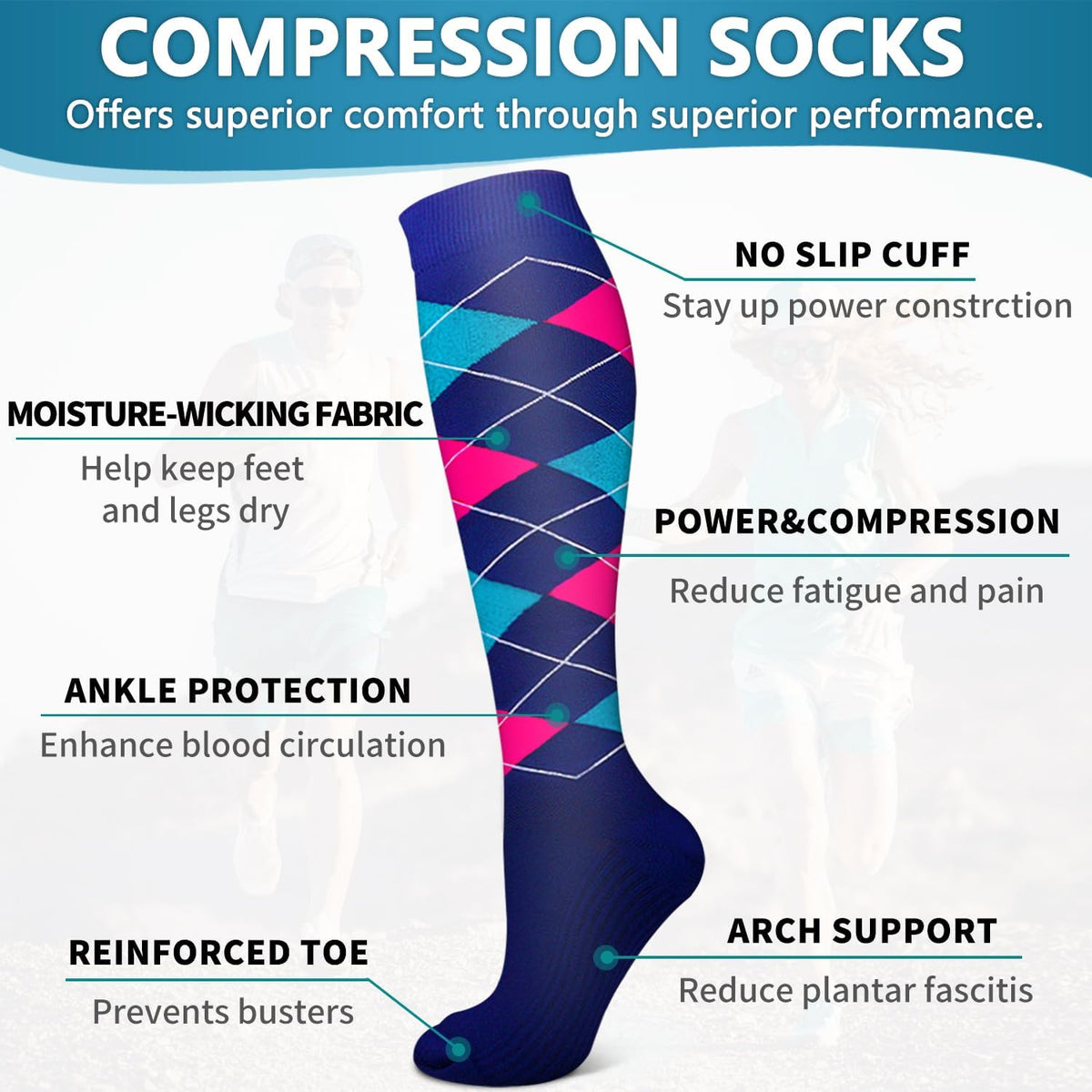 6 Pack Copper Compression Socks for Women and Men Circulation-Best Support for Medical,Running,Nursing,Athletic - Colors B