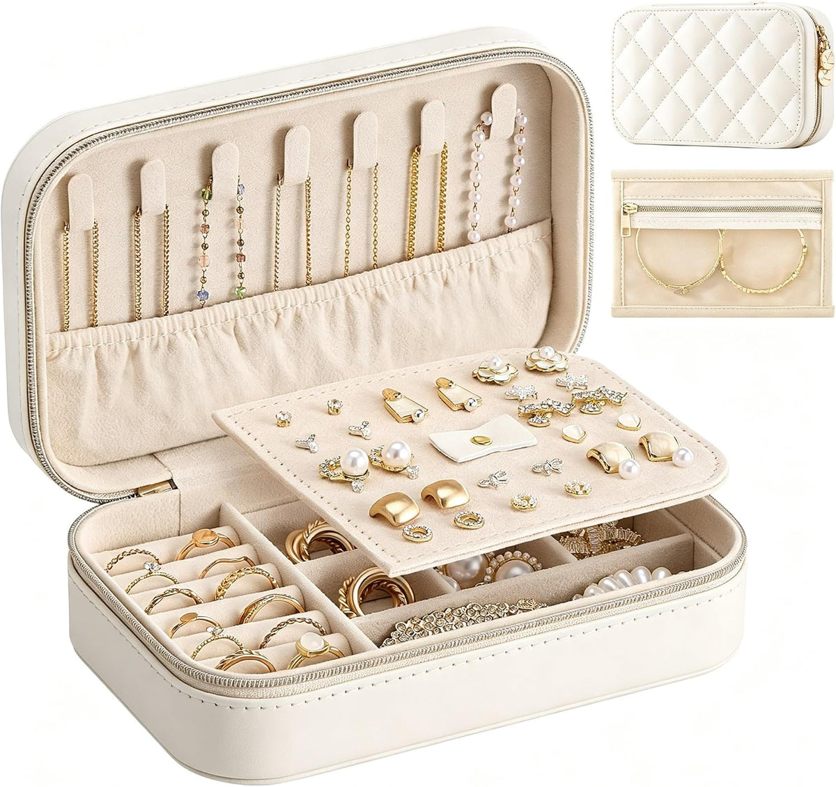 Travel Jewelry Case with Clear Bag for Women Girls -Medium/Beige