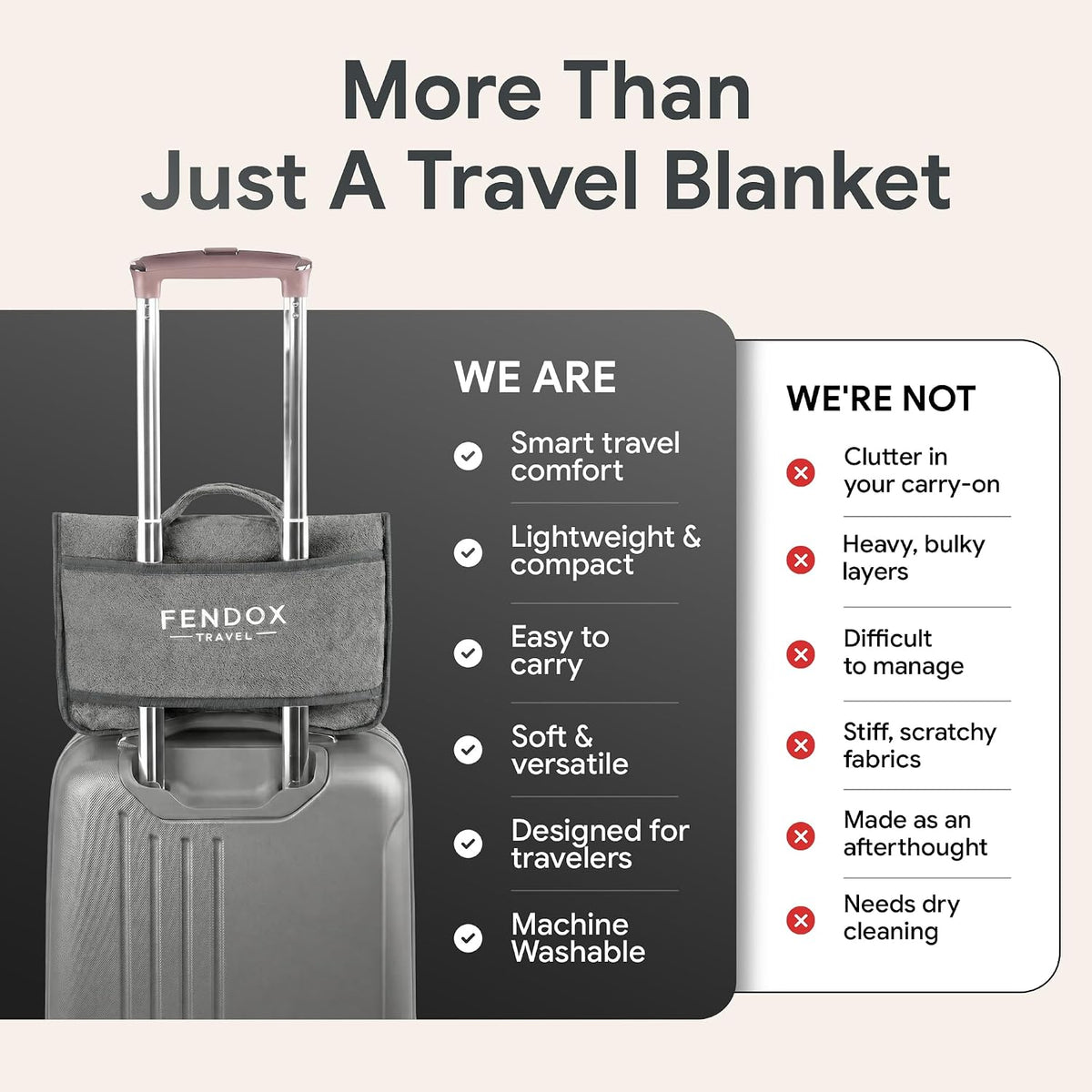 2-in-1 Travel Blanket and Pillow – Lightweight, Compact, Ultra Soft, Machine Washable – Handle, Luggage Sleeve, Backpack Clip – for Travel Airplane, Car, Office (Gray)