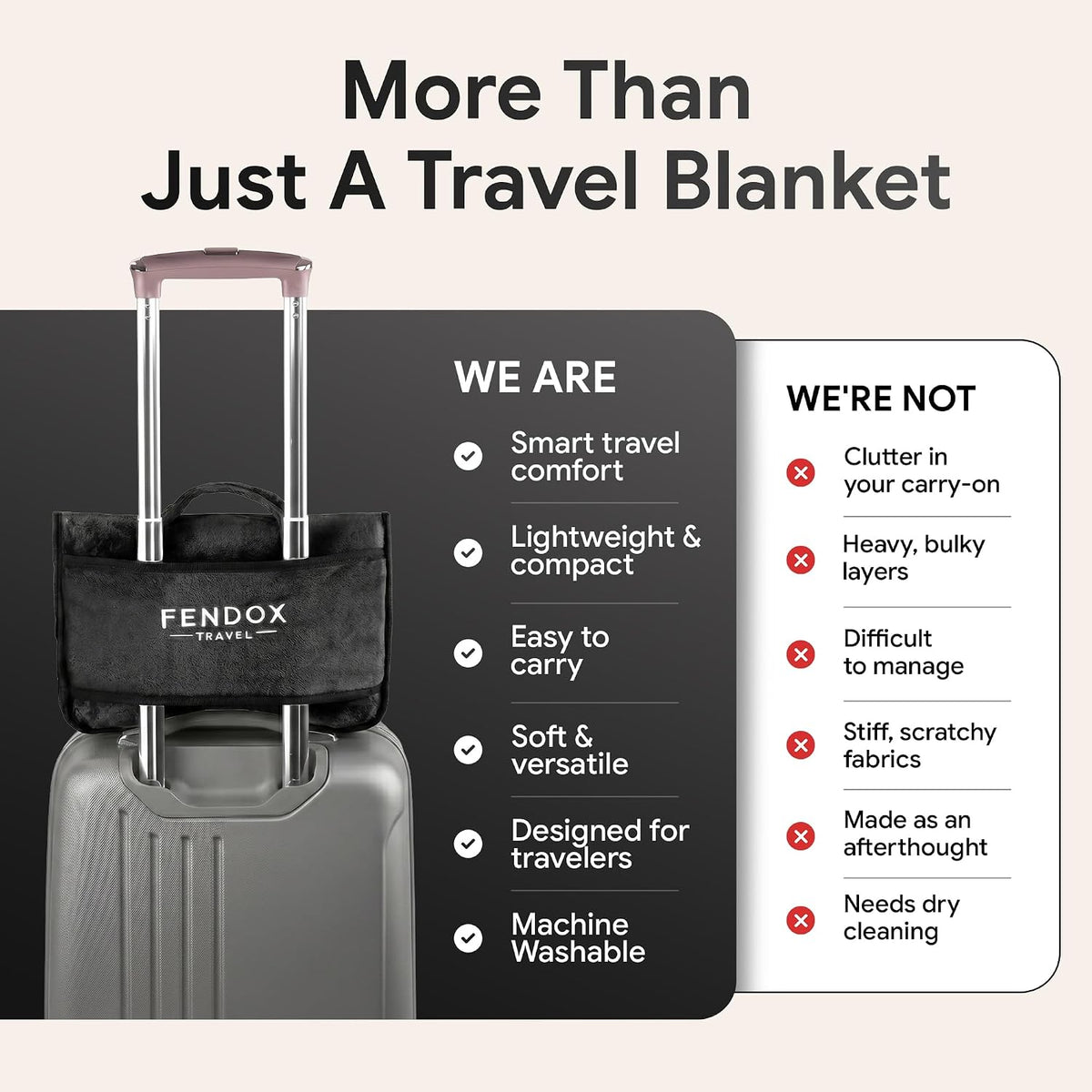 2-in-1 Travel Blanket and Pillow – Lightweight, Compact, Ultra Soft, Machine Washable – Handle, Luggage Sleeve, Backpack Clip – for Travel Airplane, Car, Office (Gray)