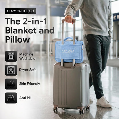 2-in-1 Travel Blanket and Pillow – Lightweight, Compact, Ultra Soft, Machine Washable – Handle, Luggage Sleeve, Backpack Clip – for Travel Airplane, Car, Office (Gray)