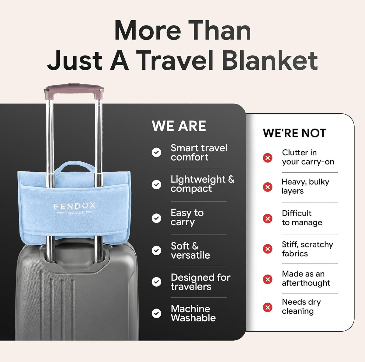 2-in-1 Travel Blanket and Pillow – Lightweight, Compact, Ultra Soft, Machine Washable – Handle, Luggage Sleeve, Backpack Clip – for Travel Airplane, Car, Office (Gray)