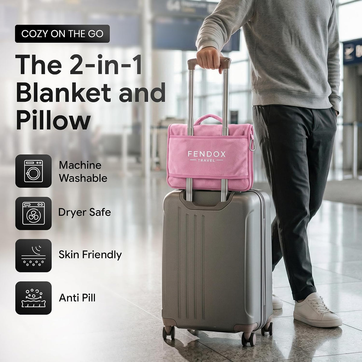 2-in-1 Travel Blanket and Pillow – Lightweight, Compact, Ultra Soft, Machine Washable – Handle, Luggage Sleeve, Backpack Clip – for Travel Airplane, Car, Office (Gray)