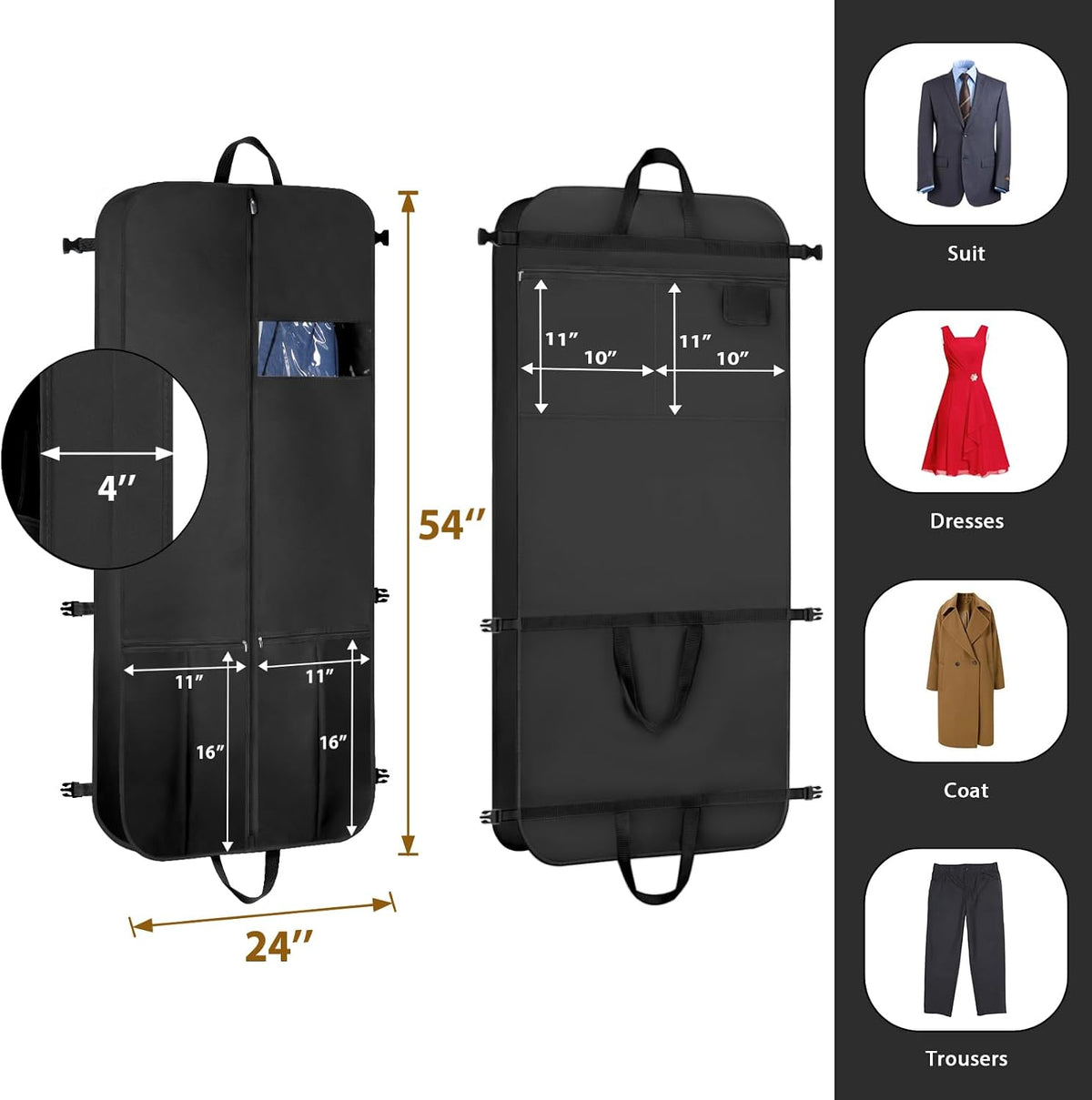 Garment Bags for Travel 54 in Tri-fold Suit Bags, Black