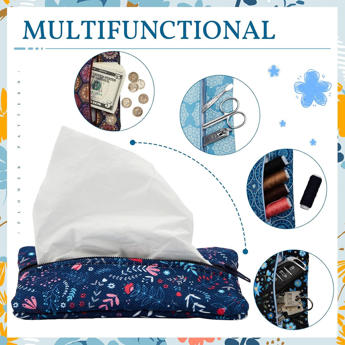 5 Pieces Tissues Purse Pocket Tissue Holder Reusable Travel Pouch Fabric Zipper Enclosed Small Size Flower Pattern Holder for Purse Coins for Christmas, 5.25 x 3 Inches (Floral Style)