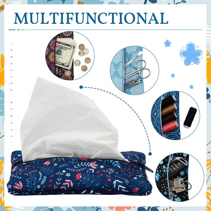 5 Pieces Tissues Purse Pocket Tissue Holder Reusable Travel Pouch Fabric Zipper Enclosed Small Size Flower Pattern Holder for Purse Coins for Christmas, 5.25 x 3 Inches (Floral Style)