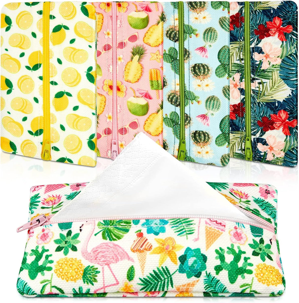 5 Pieces Tissues Purse Pocket Tissue Holder Reusable Travel Pouch Fabric Zipper Enclosed Small Size Flower Pattern Holder for Purse Coins for Christmas, 5.25 x 3 Inches (Floral Style)