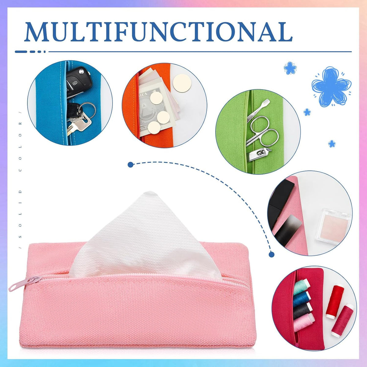 5 Pieces Tissues Purse Pocket Tissue Holder Reusable Travel Pouch Fabric Zipper Enclosed Small Size Flower Pattern Holder for Purse Coins for Christmas, 5.25 x 3 Inches (Floral Style)
