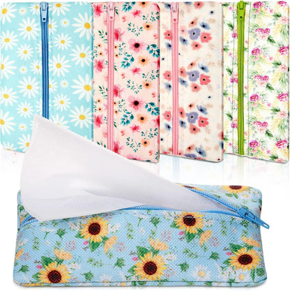 5 Pieces Tissues Purse Pocket Tissue Holder Reusable Travel Pouch Fabric Zipper Enclosed Small Size Flower Pattern Holder for Purse Coins for Christmas, 5.25 x 3 Inches (Floral Style)