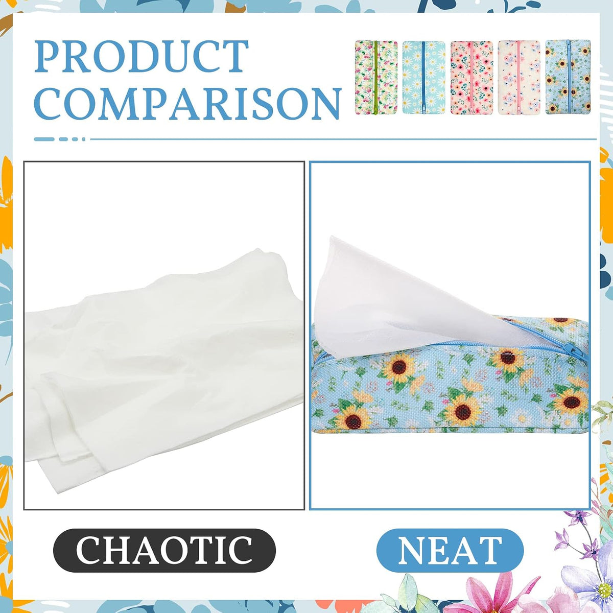 5 Pieces Tissues Purse Pocket Tissue Holder Reusable Travel Pouch Fabric Zipper Enclosed Small Size Flower Pattern Holder for Purse Coins for Christmas, 5.25 x 3 Inches (Floral Style)