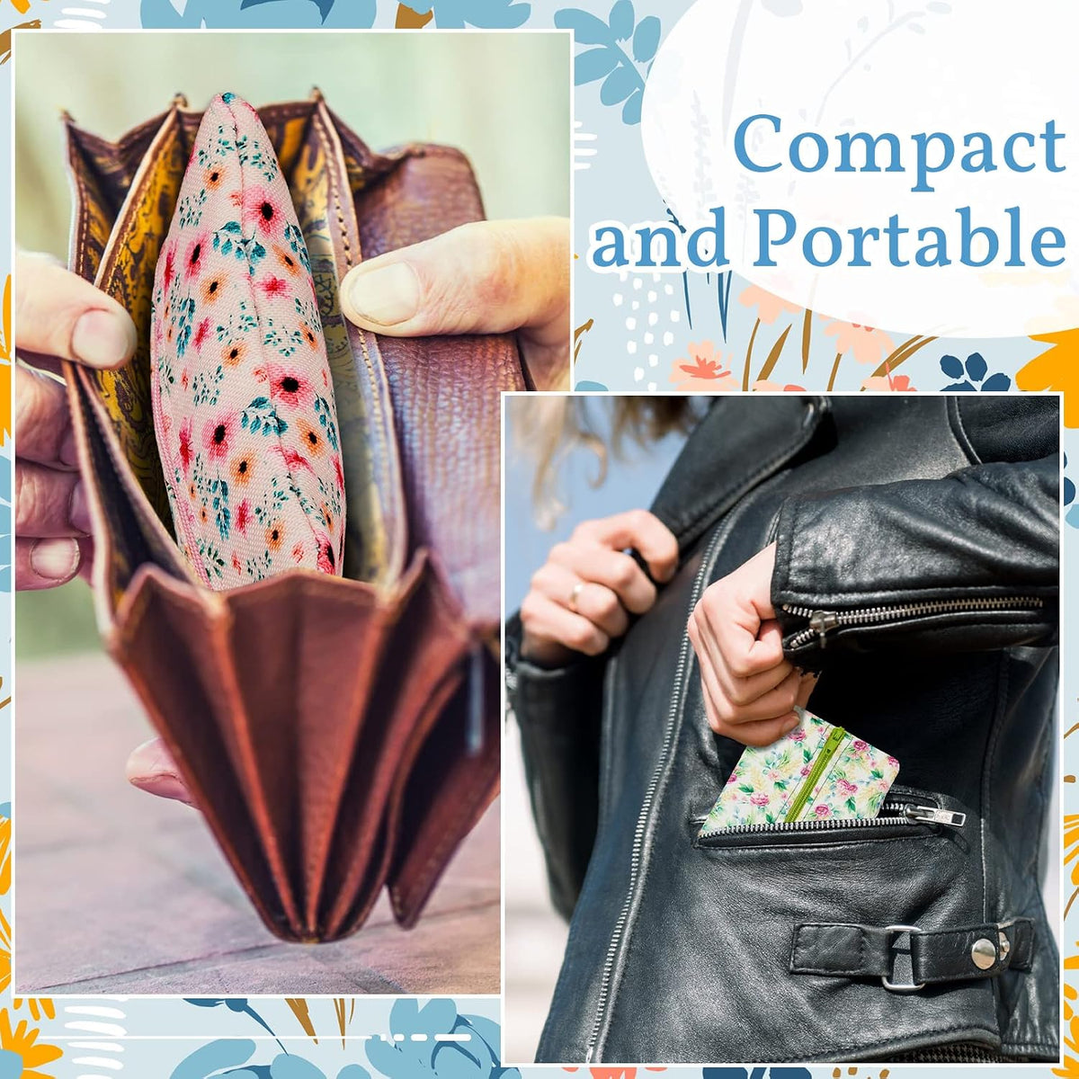 5 Pieces Tissues Purse Pocket Tissue Holder Reusable Travel Pouch Fabric Zipper Enclosed Small Size Flower Pattern Holder for Purse Coins for Christmas, 5.25 x 3 Inches (Floral Style)