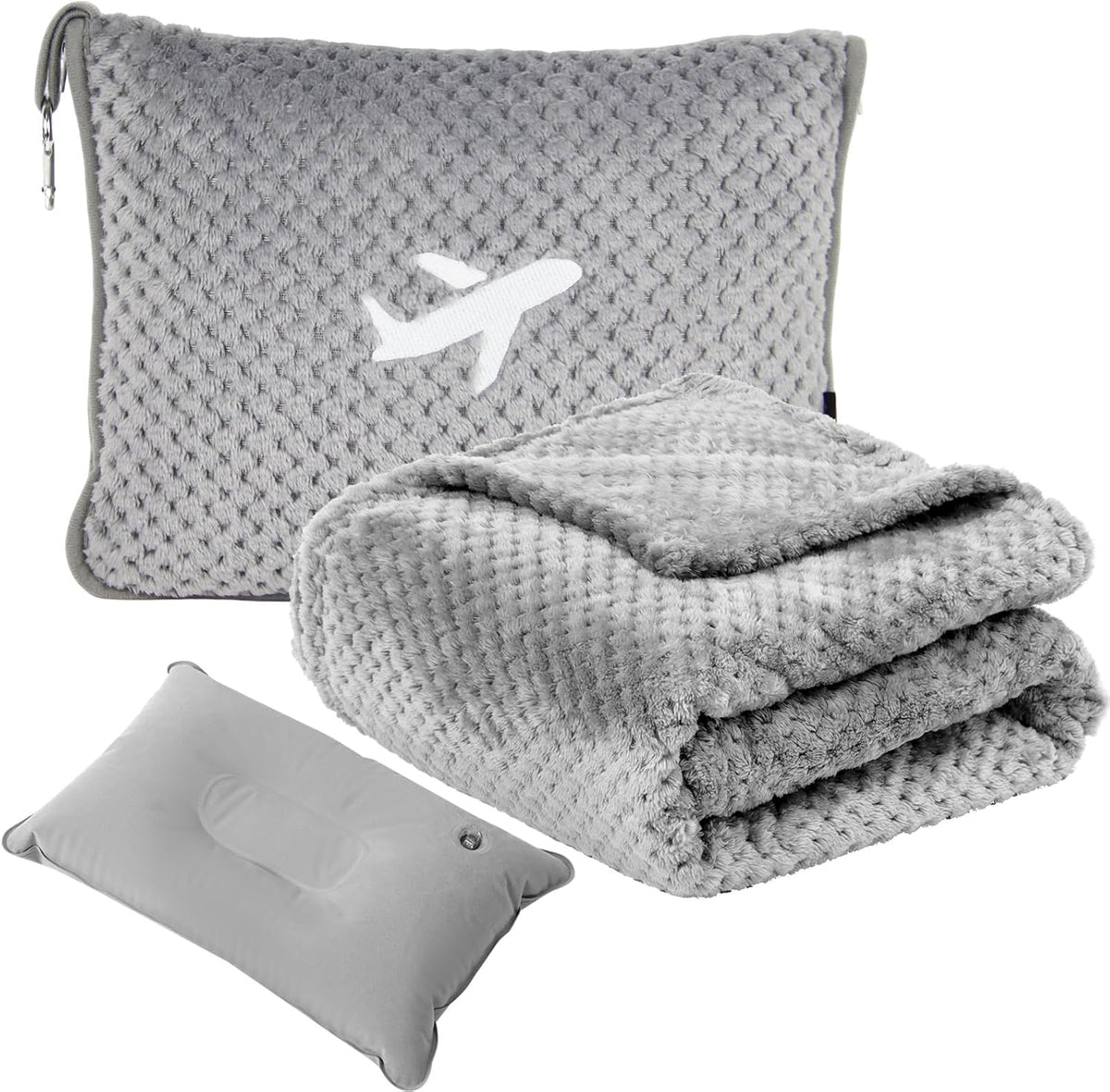Travel Blanket Airplane Compact with Bag, Travel Essentials 3 in 1 Packable Airplane Blanket, Travel Pillow and Blanket Set, Inflatable Pillow, Luggage Sleeve & Backpack Clip (Light Grey)