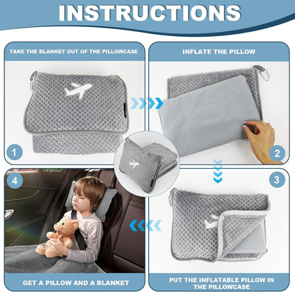 Travel Blanket Airplane Compact with Bag, Travel Essentials 3 in 1 Packable Airplane Blanket, Travel Pillow and Blanket Set, Inflatable Pillow, Luggage Sleeve & Backpack Clip (Light Grey)