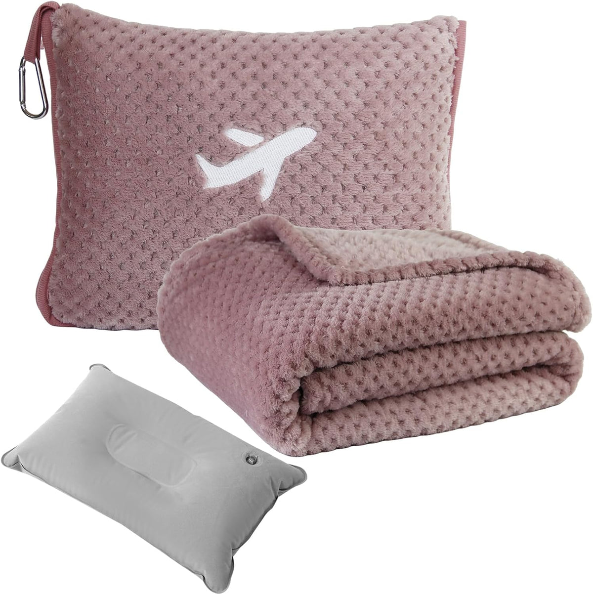 Travel Blanket Airplane Compact with Bag, Travel Essentials 3 in 1 Packable Airplane Blanket, Travel Pillow and Blanket Set, Inflatable Pillow, Luggage Sleeve & Backpack Clip (Light Grey)