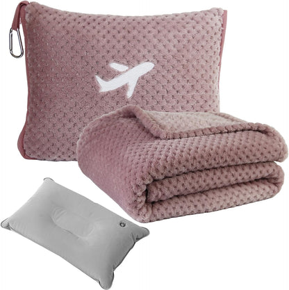 Travel Blanket Airplane Compact with Bag, Travel Essentials 3 in 1 Packable Airplane Blanket, Travel Pillow and Blanket Set, Inflatable Pillow, Luggage Sleeve & Backpack Clip (Light Grey)