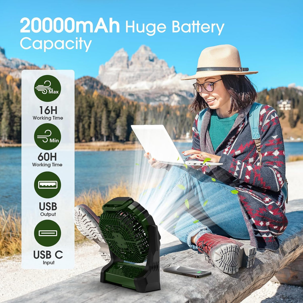 Portable Fan Rechargeable, 20000mAh Cordless Battery Powered Fan with LED Lantern Battery Operated for Travel Bedroom Home Camping Tent Office Beach Desk Fishing Table