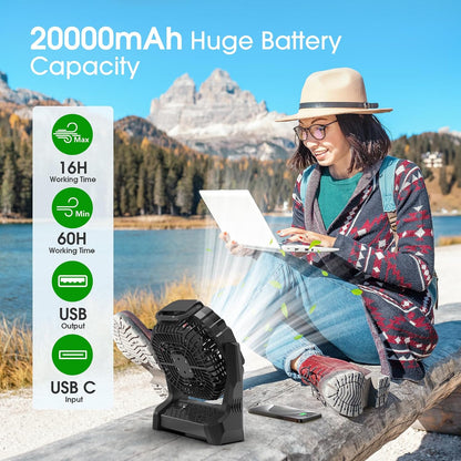 Portable Fan Rechargeable, 20000mAh Cordless Battery Powered Fan with LED Lantern Battery Operated for Travel Bedroom Home Camping Tent Office Beach Desk Fishing Table