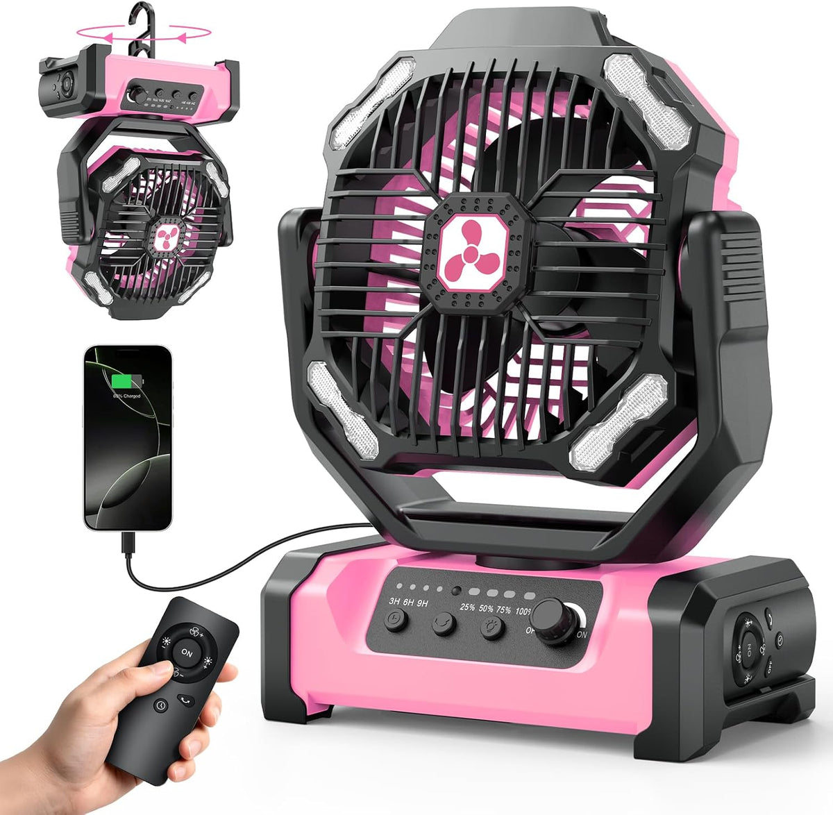 Portable Fan Rechargeable, 20000mAh Cordless Battery Powered Fan with LED Lantern Battery Operated for Travel Bedroom Home Camping Tent Office Beach Desk Fishing Table