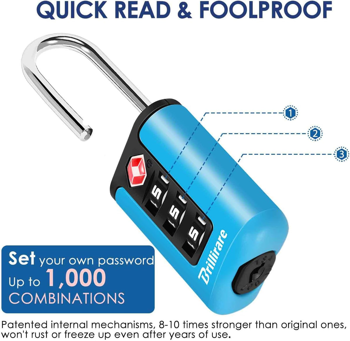 2 Pack TSA Approved Luggage Locks, Combination Travel Padlock, 3-Digit Waterproof Lock, TSA Accepted Outdoor Keyless Resettable Lock for Lockers, Bags, Backpack, Gym, Gate-Blue