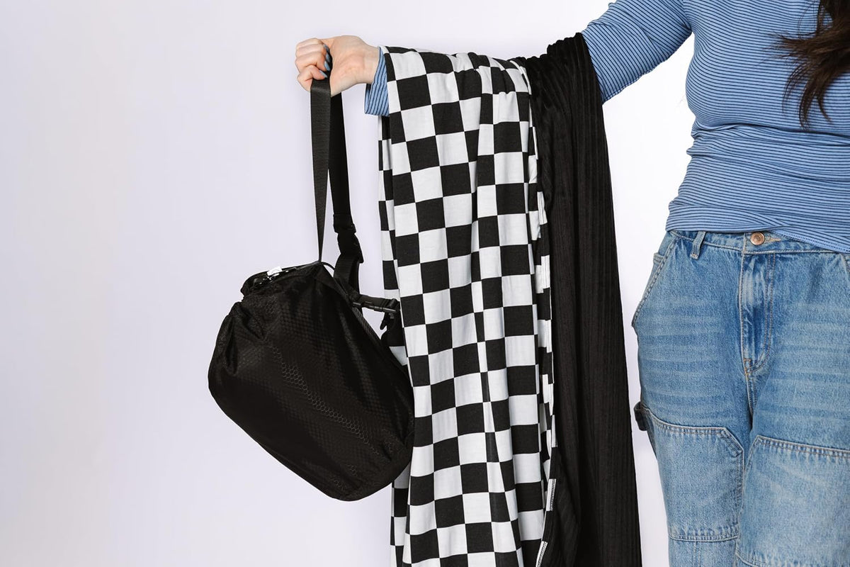 Soft Pink Checkered Dual-Sided Travel Blanket with Carrying Bag