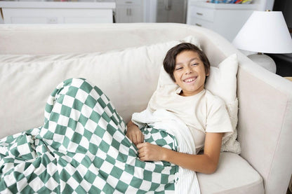 Soft Pink Checkered Dual-Sided Travel Blanket with Carrying Bag