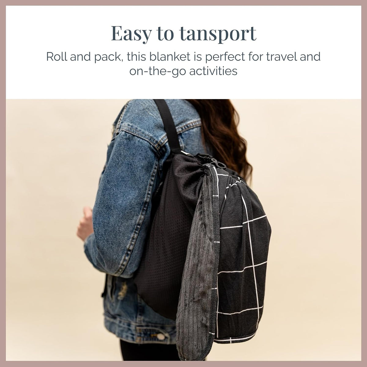 Soft Pink Checkered Dual-Sided Travel Blanket with Carrying Bag
