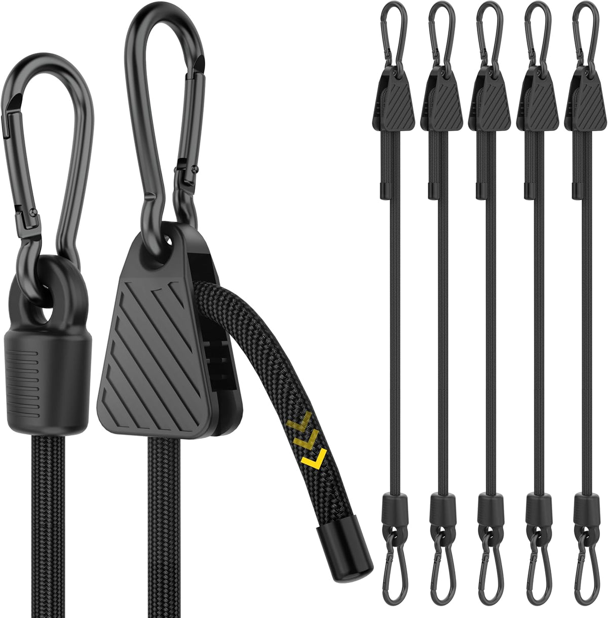 Adjustable Bungee Cords with Hooks, Heavy Duty Outdoor Carabiner Bungee Cord, Black Super Elastic Bungee Straps Easily Adjust from 7" to 48", Great for Cargo, Camping, Bike Racks, Tents
