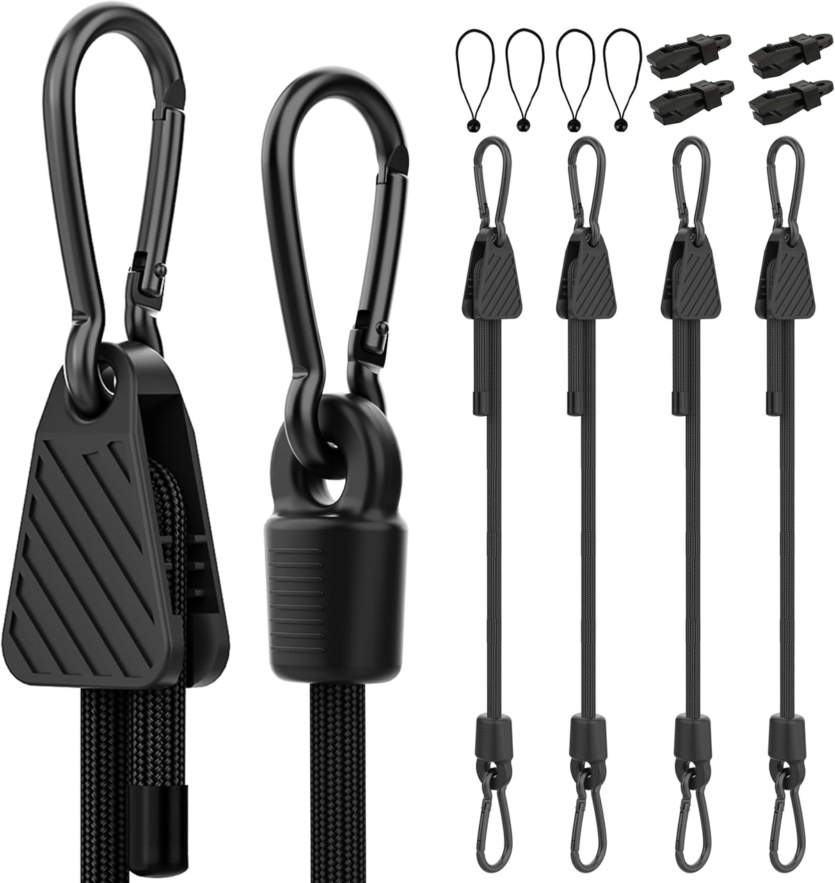 Adjustable Bungee Cords with Hooks, Heavy Duty Outdoor Carabiner Bungee Cord, Black Super Elastic Bungee Straps Easily Adjust from 7" to 48", Great for Cargo, Camping, Bike Racks, Tents