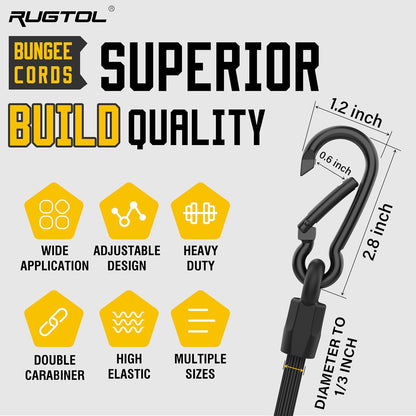 Adjustable Bungee Cords with Hooks, Heavy Duty Outdoor Carabiner Bungee Cord, Black Super Elastic Bungee Straps Easily Adjust from 7" to 48", Great for Cargo, Camping, Bike Racks, Tents
