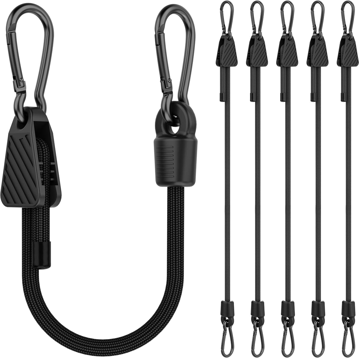 Adjustable Bungee Cords with Hooks, Heavy Duty Outdoor Carabiner Bungee Cord, Black Super Elastic Bungee Straps Easily Adjust from 7" to 48", Great for Cargo, Camping, Bike Racks, Tents