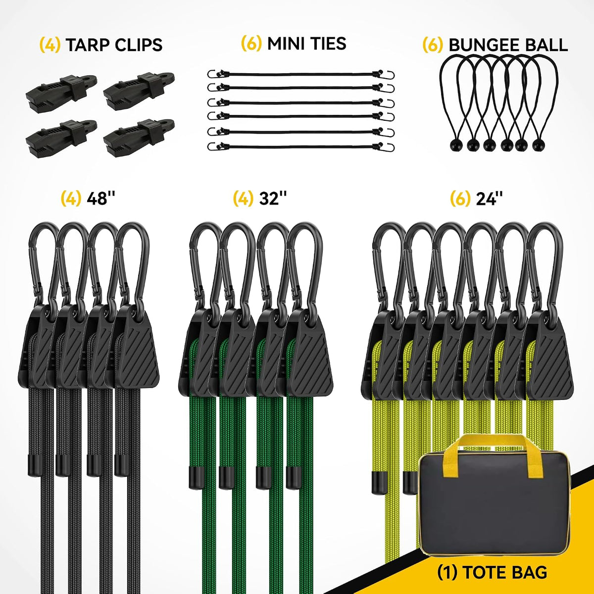 Adjustable Bungee Cords with Hooks, Heavy Duty Outdoor Carabiner Bungee Cord, Black Super Elastic Bungee Straps Easily Adjust from 7" to 48", Great for Cargo, Camping, Bike Racks, Tents