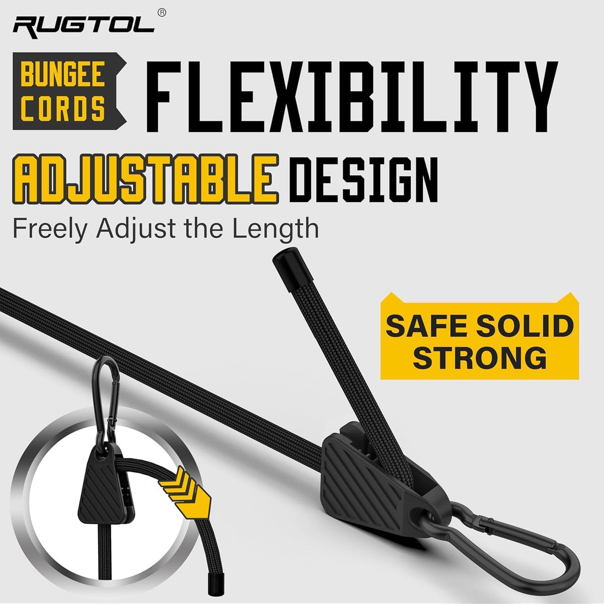 Adjustable Bungee Cords with Hooks, Heavy Duty Outdoor Carabiner Bungee Cord, Black Super Elastic Bungee Straps Easily Adjust from 7" to 48", Great for Cargo, Camping, Bike Racks, Tents