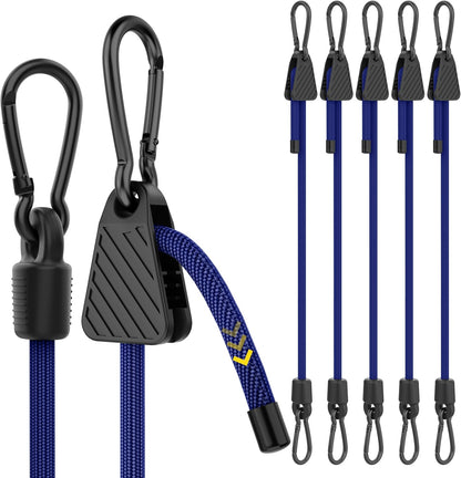 Adjustable Bungee Cords with Hooks, Heavy Duty Outdoor Carabiner Bungee Cord, Black Super Elastic Bungee Straps Easily Adjust from 7" to 48", Great for Cargo, Camping, Bike Racks, Tents