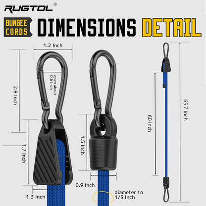 Adjustable Bungee Cords with Hooks, Heavy Duty Outdoor Carabiner Bungee Cord, Black Super Elastic Bungee Straps Easily Adjust from 7" to 48", Great for Cargo, Camping, Bike Racks, Tents