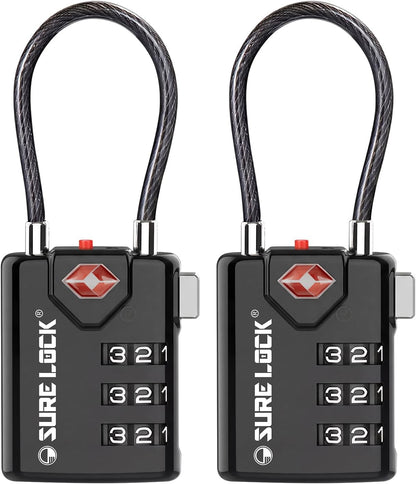SURE LOCK TSA Approved Luggage Locks with Open Alert Indicator, 3 Digit Combination Cable Travel Lock for Suitcase, Backpack & Travel Bag, Black