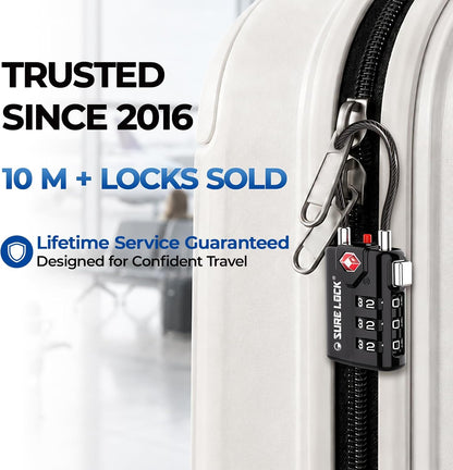 SURE LOCK TSA Approved Luggage Locks with Open Alert Indicator, 3 Digit Combination Cable Travel Lock for Suitcase, Backpack & Travel Bag, Black
