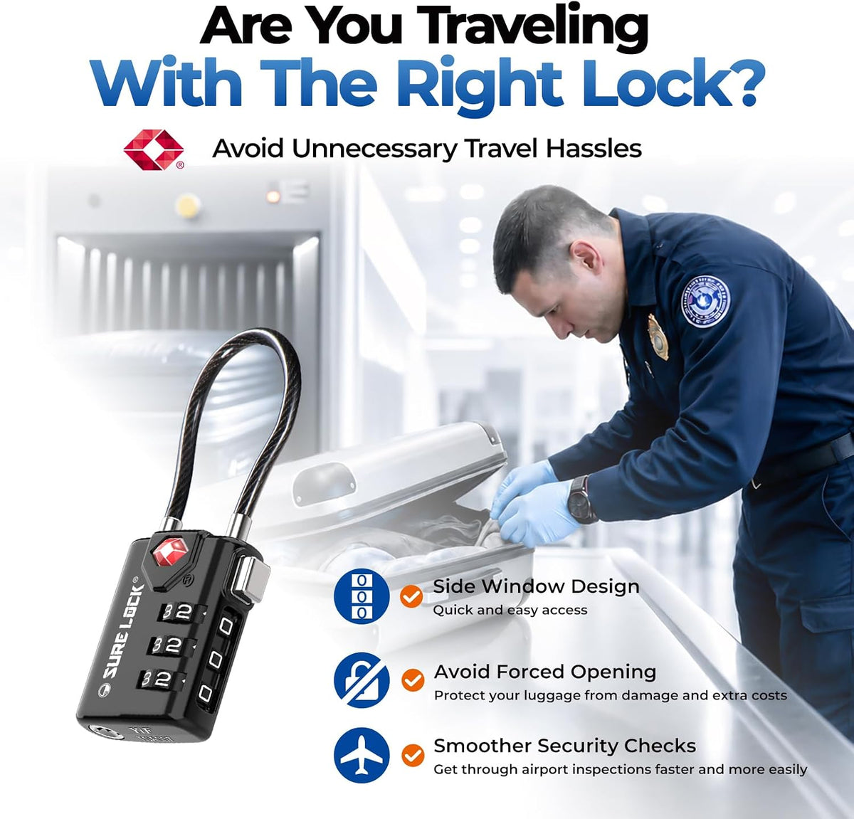 SURE LOCK TSA Approved Luggage Locks with Open Alert Indicator, 3 Digit Combination Cable Travel Lock for Suitcase, Backpack & Travel Bag, Black