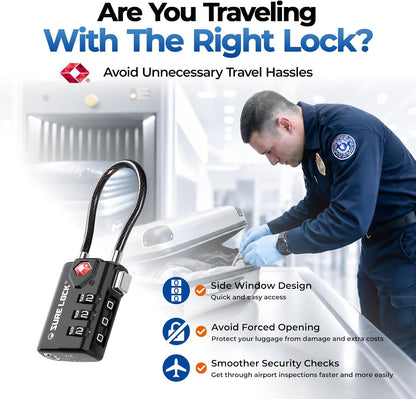 SURE LOCK TSA Approved Luggage Locks with Open Alert Indicator, 3 Digit Combination Cable Travel Lock for Suitcase, Backpack & Travel Bag, Black