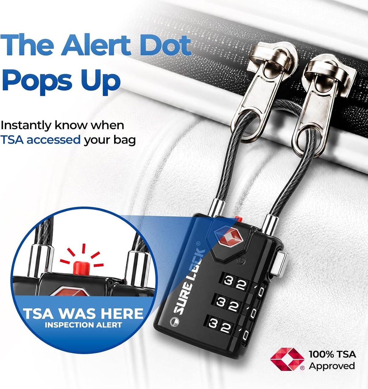 SURE LOCK TSA Approved Luggage Locks with Open Alert Indicator, 3 Digit Combination Cable Travel Lock for Suitcase, Backpack & Travel Bag, Black