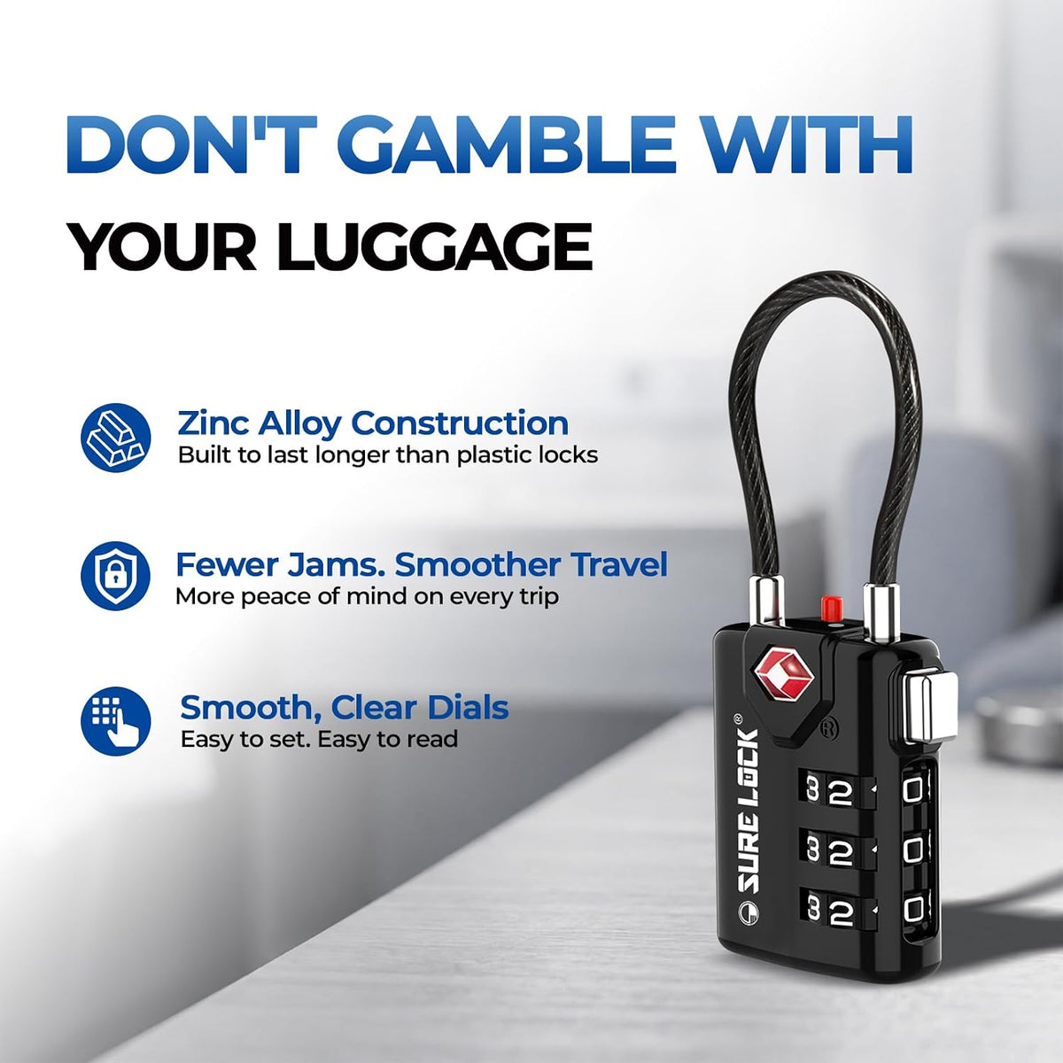 SURE LOCK TSA Approved Luggage Locks with Open Alert Indicator, 3 Digit Combination Cable Travel Lock for Suitcase, Backpack & Travel Bag, Black