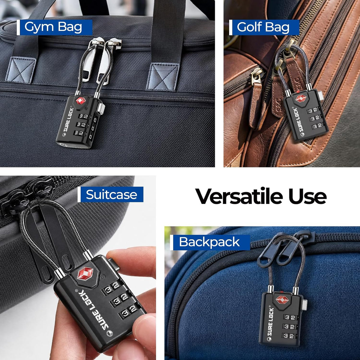 SURE LOCK TSA Approved Luggage Locks with Open Alert Indicator, 3 Digit Combination Cable Travel Lock for Suitcase, Backpack & Travel Bag, Black