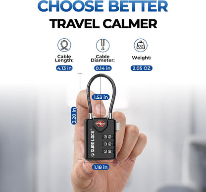 SURE LOCK TSA Approved Luggage Locks with Open Alert Indicator, 3 Digit Combination Cable Travel Lock for Suitcase, Backpack & Travel Bag, Black