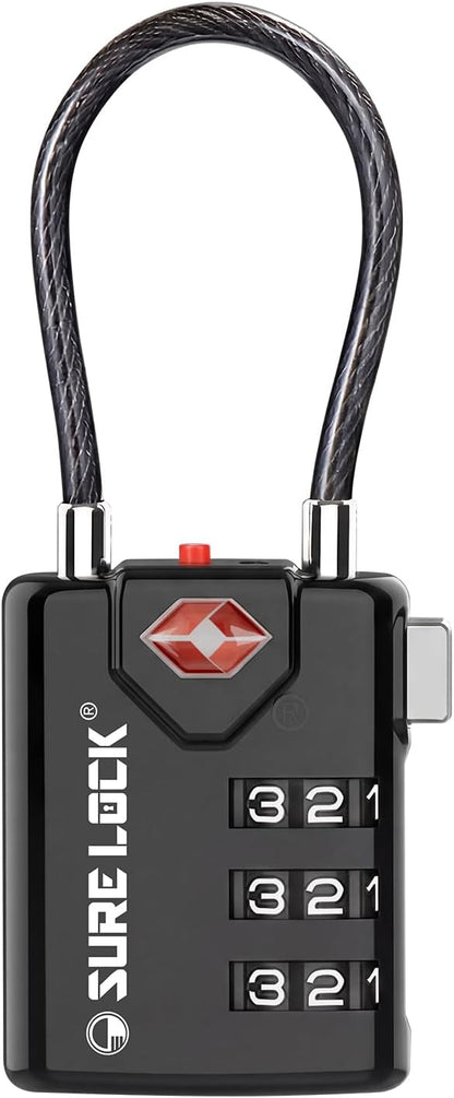 SURE LOCK TSA Approved Luggage Locks with Open Alert Indicator, 3 Digit Combination Cable Travel Lock for Suitcase, Backpack & Travel Bag, Black