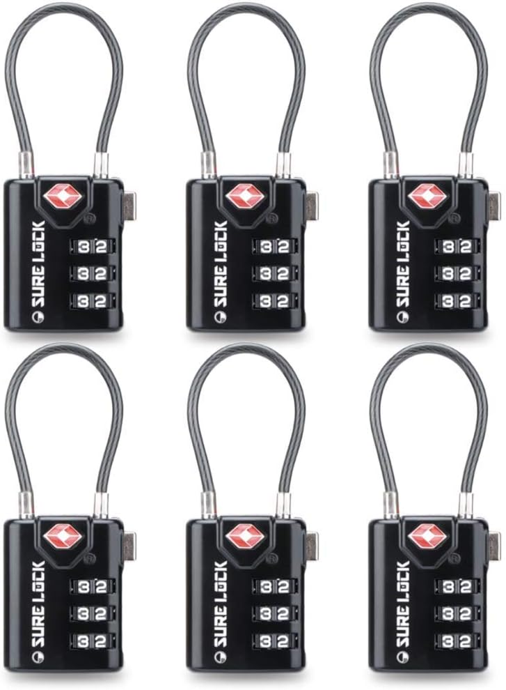SURE LOCK TSA Approved Luggage Locks with Open Alert Indicator, 3 Digit Combination Cable Travel Lock for Suitcase, Backpack & Travel Bag, Black